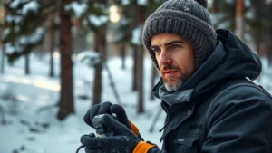 Person working outdoors in snowy forest environment, focused expression, professional cold-weather gear, ancient pine trees in background, natural lighting, determined posture showing concentration and capability