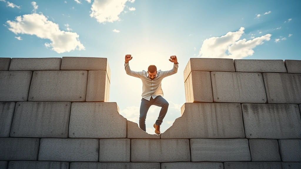 Person breaking through a wall of concrete barriers with determination, sunlight streaming behind them, symbolizing breakthrough and overcoming obstacles in personal development