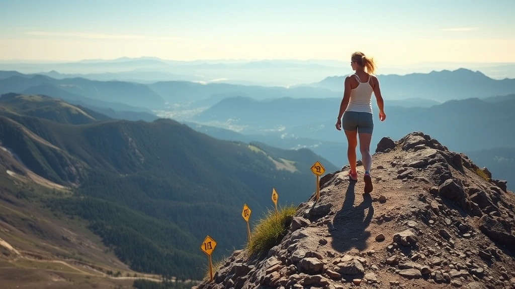 Woman climbing a steep mountain path with visible progress markers along the trail, confident posture, scenic vista ahead representing continuous upward growth and achievement