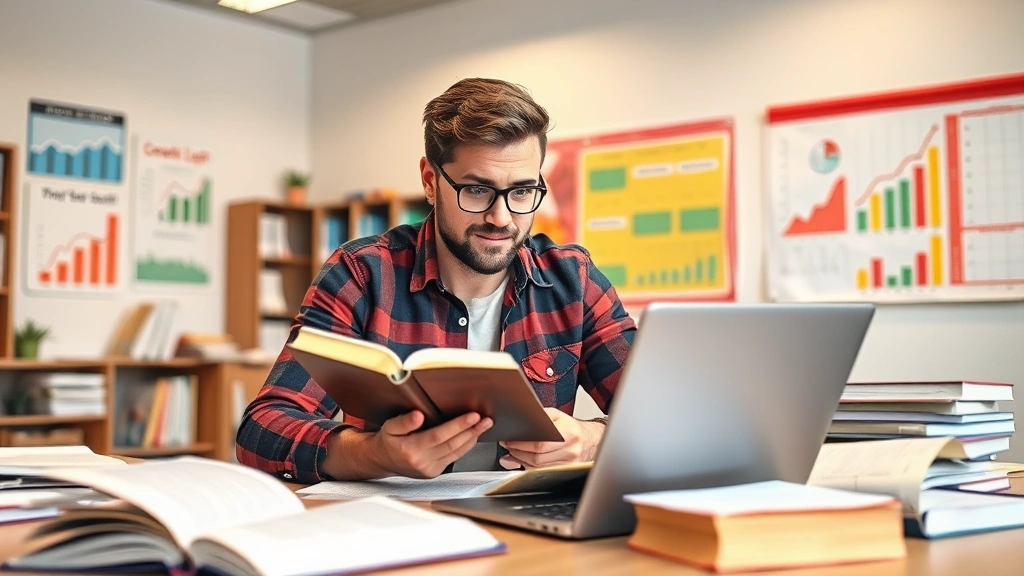 Man in a modern learning environment surrounded by open books, laptop, and growth charts on walls, actively engaged in studying with focused expression and positive energy