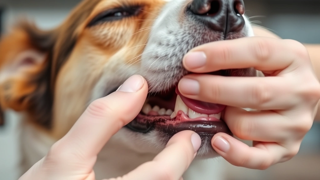 Close-up of a veterinarian's hands gently examining a dog's mouth and gums during a professional oral health inspection, showing careful assessment of oral tissues
