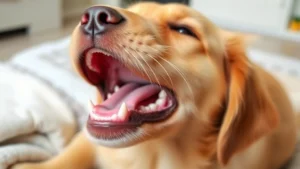 A golden retriever puppy with mouth open showing healthy pink gums and emerging permanent teeth, sitting on a soft blanket during a home dental examination