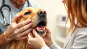 A concerned dog owner gently examining their golden retriever's mouth and gums, discovering a growth, professional veterinary clinic setting, warm natural lighting, close-up of hands and dog's face showing care and attention