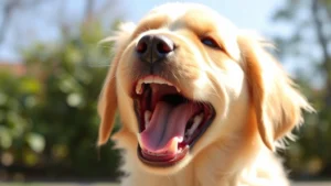 Golden retriever puppy with open mouth showing healthy white teeth and pink gums, sitting outdoors in natural sunlight, professional veterinary dental examination context