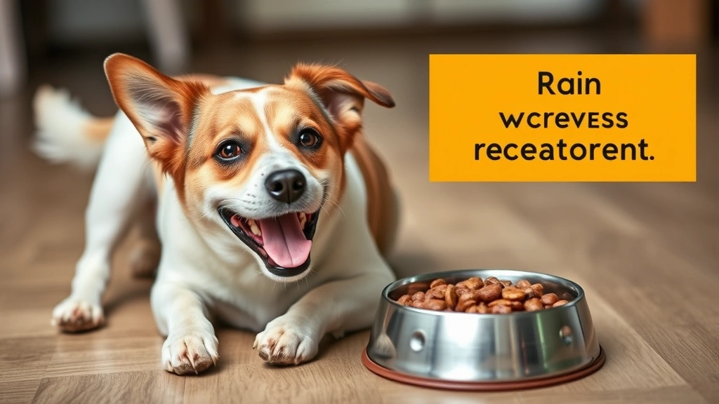 A healthy, happy dog playing and eating normally with a full bowl of food, representing post-recovery wellness and quality of life after successful treatment