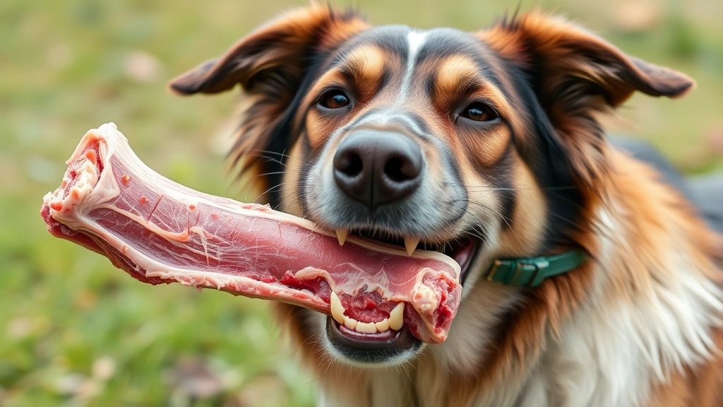 An adult dog contentedly chewing on an appropriate raw meaty bone outdoors, demonstrating natural jaw muscle development and healthy chewing behavior