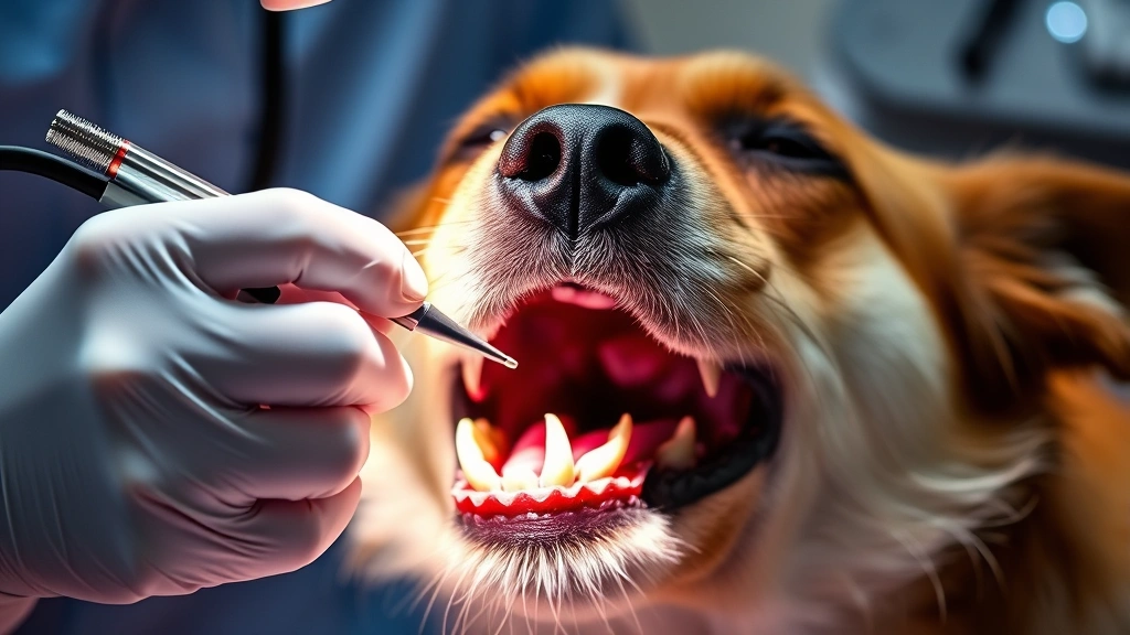 A veterinarian using dental tools and specialized lighting to examine a dog's oral cavity during a professional dental examination, surgical precision, clinical setting with modern equipment, focused professional care