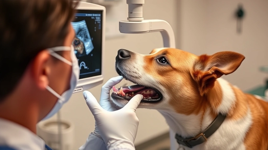 Veterinarian performing an ultrasound examination of a dog's jaw and mouth area using specialized equipment, demonstrating modern diagnostic imaging technology