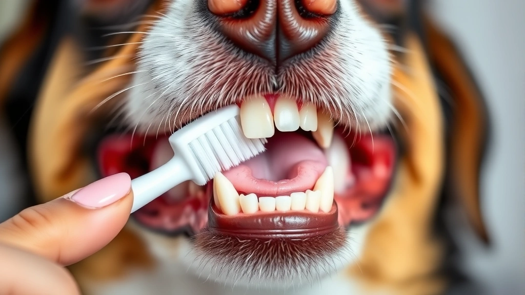 A close-up of a dog's healthy mouth showing well-aligned permanent teeth with pink gums, owner gently brushing with soft-bristled toothbrush using dog-safe toothpaste