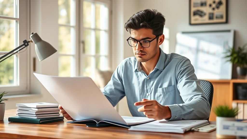 Person at desk reviewing financial documents and savings goals with notebook, natural window lighting, warm home office setting, focused expression of determination