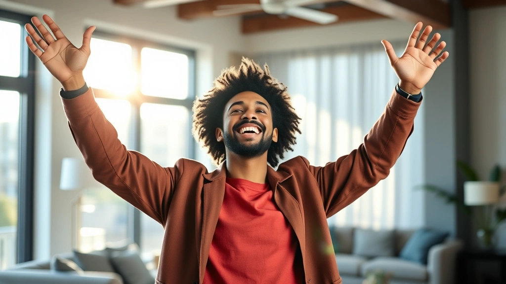 Diverse individual celebrating financial milestone with arms raised in success, modern living room background, genuine joy and accomplishment visible, sunlight streaming through windows