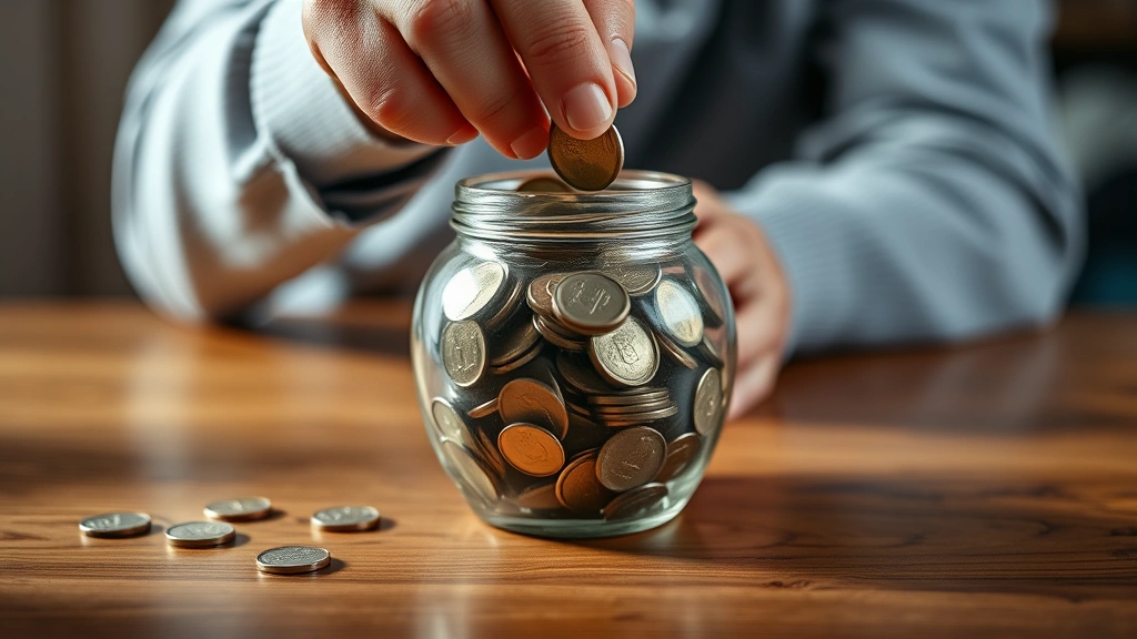 Hands placing coins into piggy bank or savings jar, close-up perspective, wooden table surface, warm lighting emphasizing accumulation and growth concept