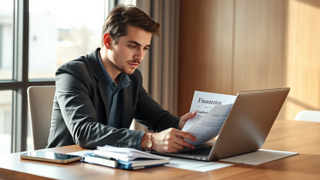 Professional young adult reviewing financial documents at modern desk with laptop, focused expression, natural lighting from window, warm professional environment, no visible text on documents