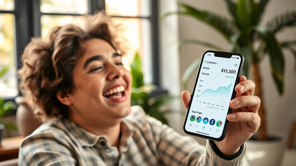 Person celebrating financial milestone with genuine joy, looking at phone showing account growth chart, bright natural lighting, indoor setting with plants, expressing genuine happiness about savings progress