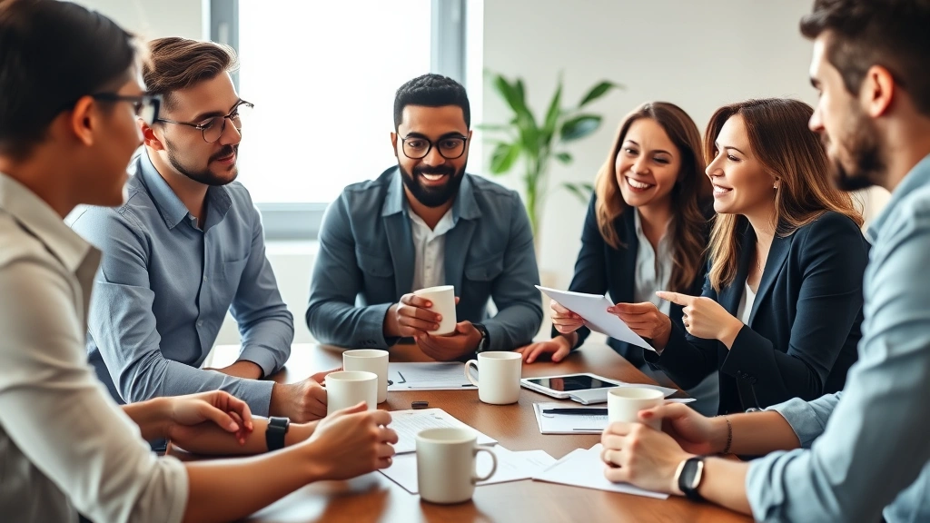 Diverse group of people in casual business attire discussing financial planning around table with coffee cups, collaborative energy, natural window lighting, everyone appears engaged and motivated