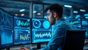 Professional data analyst reviewing AI analytics dashboards on multiple computer screens, focused expression, modern office environment with blue-tinted lighting, photorealistic contemporary workplace setting