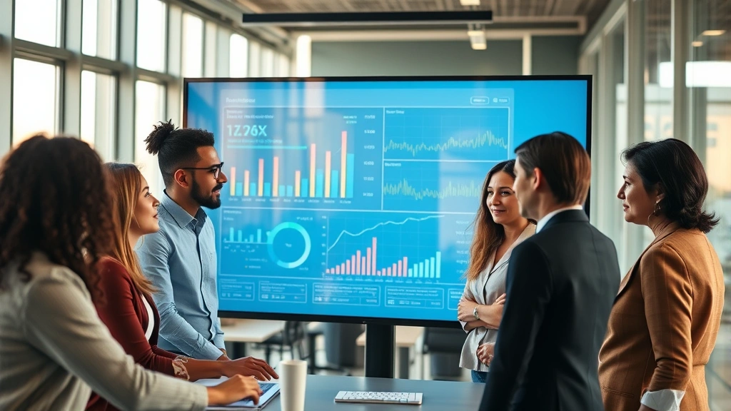 Team of diverse professionals collaborating around large digital display showing real-time data analytics and machine learning insights, engaged expressions, modern tech company office with natural lighting, inclusive workplace representation