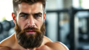 Athletic man in gym with strong jawline, well-groomed facial hair, confident expression, natural lighting, close-up of healthy beard texture showing fullness and evenness