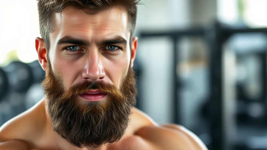 Athletic man in gym with strong jawline, well-groomed facial hair, confident expression, natural lighting, close-up of healthy beard texture showing fullness and evenness