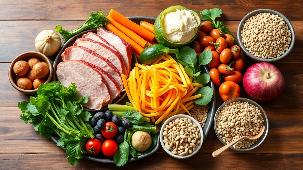 Healthy meal spread featuring lean proteins, vegetables, nuts, seeds, and whole grains on wooden table, natural daylight, vibrant colors, no text or labels visible