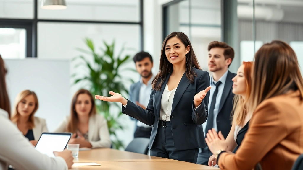 Professional woman in business attire confidently presenting to a diverse group of colleagues in a modern office conference room, natural lighting, collaborative atmosphere, genuine engagement and positive energy