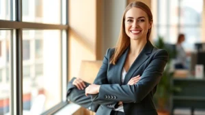 Professional woman in business casual attire standing confidently with arms crossed, natural lighting from window, warm smile, modern office background, morning sunlight, authentic confident posture