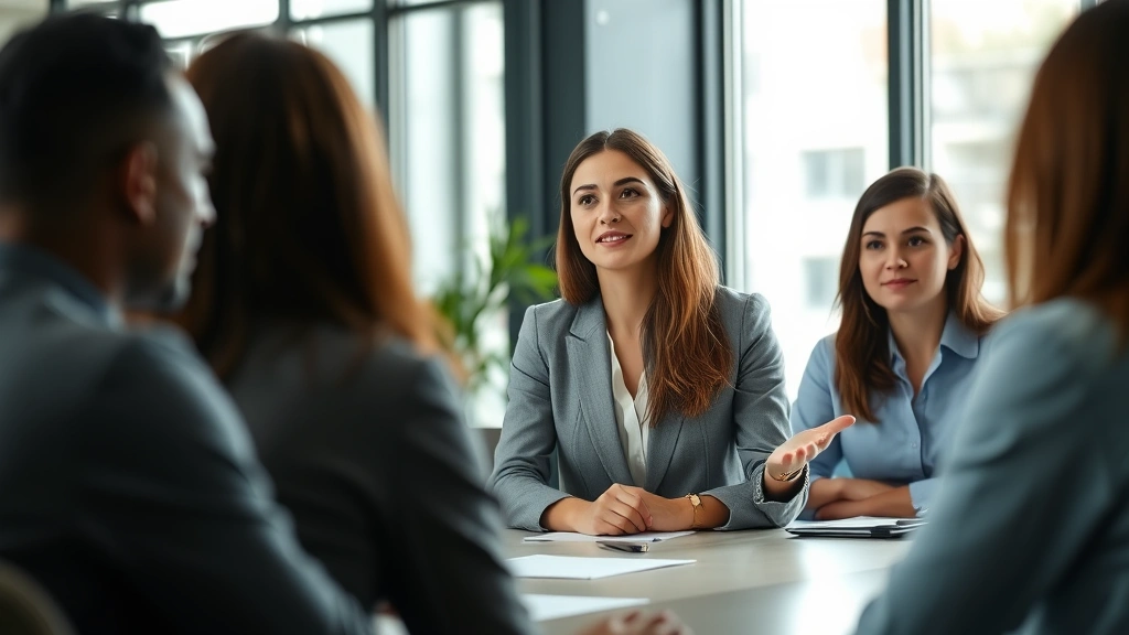 Professional woman in modern office confidently presenting to colleagues during team meeting, natural lighting, focused expression of engagement and leadership
