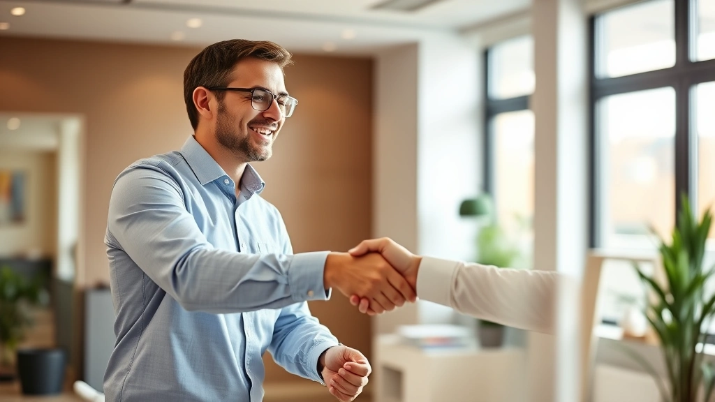 Male insurance professional shaking hands with a satisfied client in a bright office setting, warm lighting, both smiling, representing trust and professional relationship building