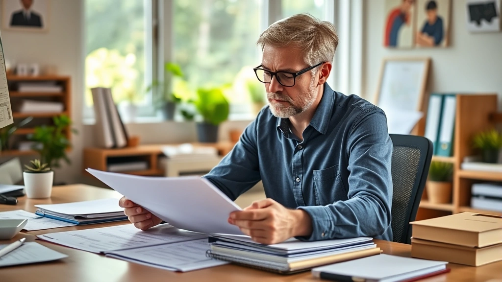Person at desk reviewing documents and planning with notebook, focused expression, organized workspace, natural daylight, hands actively engaged, growth-oriented environment, professional but warm setting