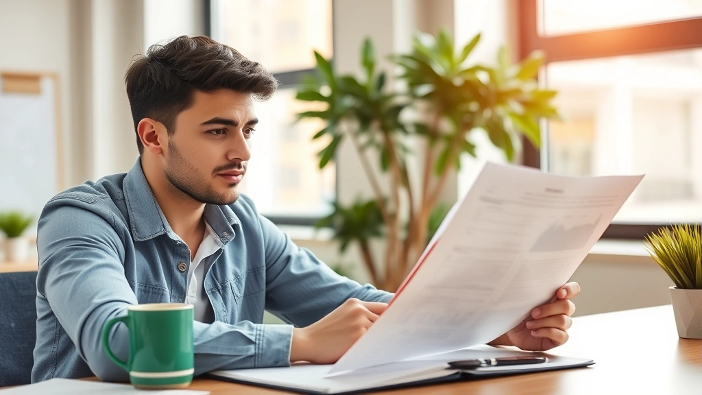 Young professional reviewing career development plan at desk with notebook and coffee, morning sunlight, thoughtful expression showing strategic planning and growth mindset