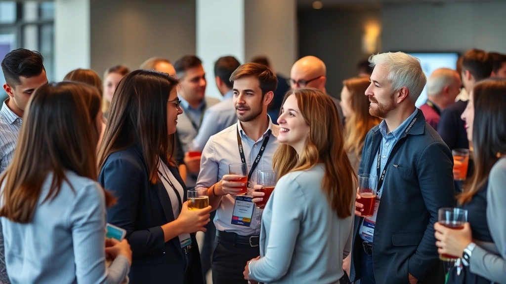 Diverse group of professionals networking at an industry conference, holding beverages, engaged in meaningful conversations, modern venue, collaborative energy and professional growth atmosphere