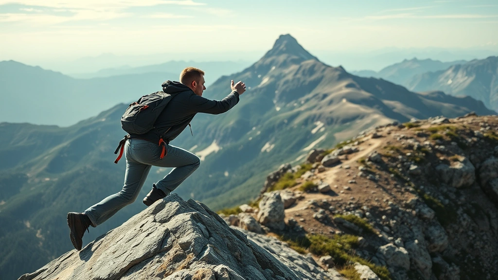 Individual rock climbing or hiking on mountain trail, reaching toward summit, determined expression, natural landscape, physical challenge, personal achievement moment, outdoor growth metaphor, authentic effort visible