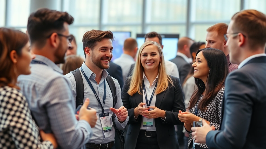 Diverse group of professionals networking at industry event, genuine conversations and smiling interactions, collaborative atmosphere showing authentic relationship building