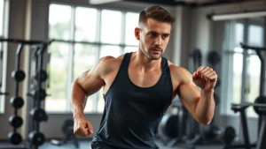 Person doing high-intensity interval training in modern gym with weights and equipment, athletic wear, focused expression, bright natural lighting, photorealistic, energetic movement