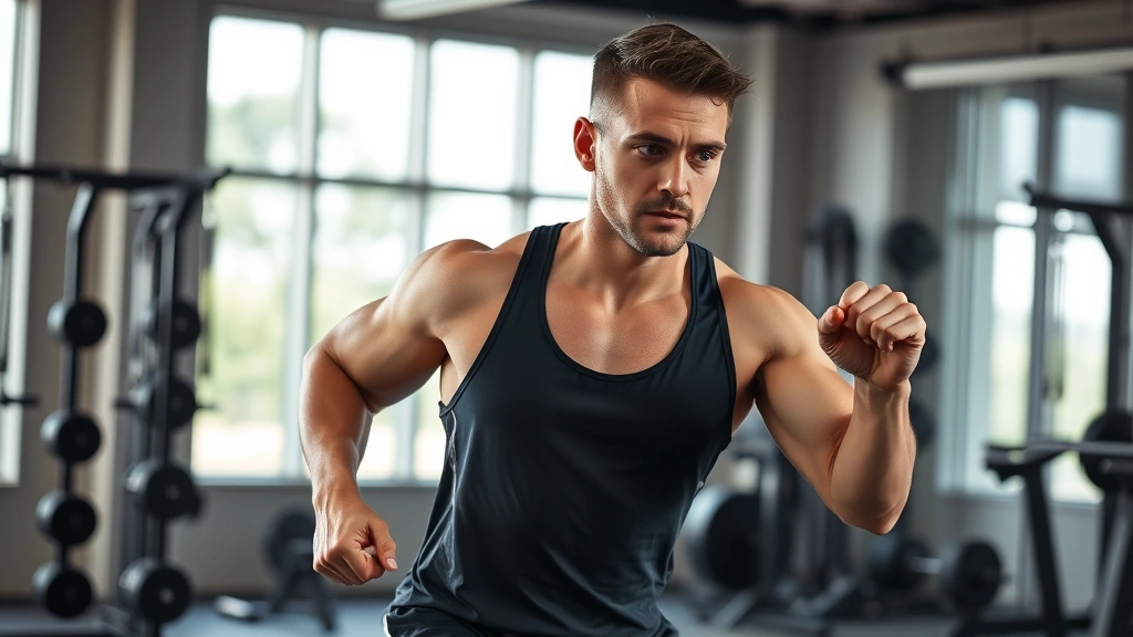 Person doing high-intensity interval training in modern gym with weights and equipment, athletic wear, focused expression, bright natural lighting, photorealistic, energetic movement