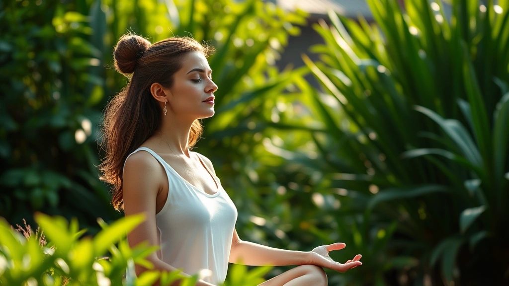 Woman meditating peacefully in natural garden setting with green plants and soft sunlight, serene expression, outdoor meditation space, calm environment, photorealistic