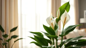 Lush peace lily plant with glossy deep green leaves and elegant white spathes in modern bright living room near window, natural indirect sunlight streaming through sheer curtains, minimalist aesthetic