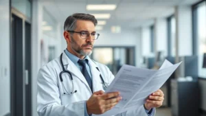 Professional male doctor in white coat reviewing medical charts in modern clinic, confident expression, natural lighting, clinical environment, focus on competence and expertise