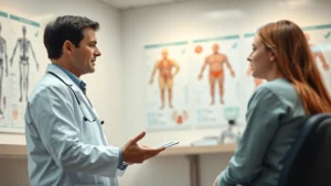 Professional male doctor in white coat consulting with patient in modern medical clinic, warm lighting, focused discussion, anatomical charts on wall, confident atmosphere, photorealistic