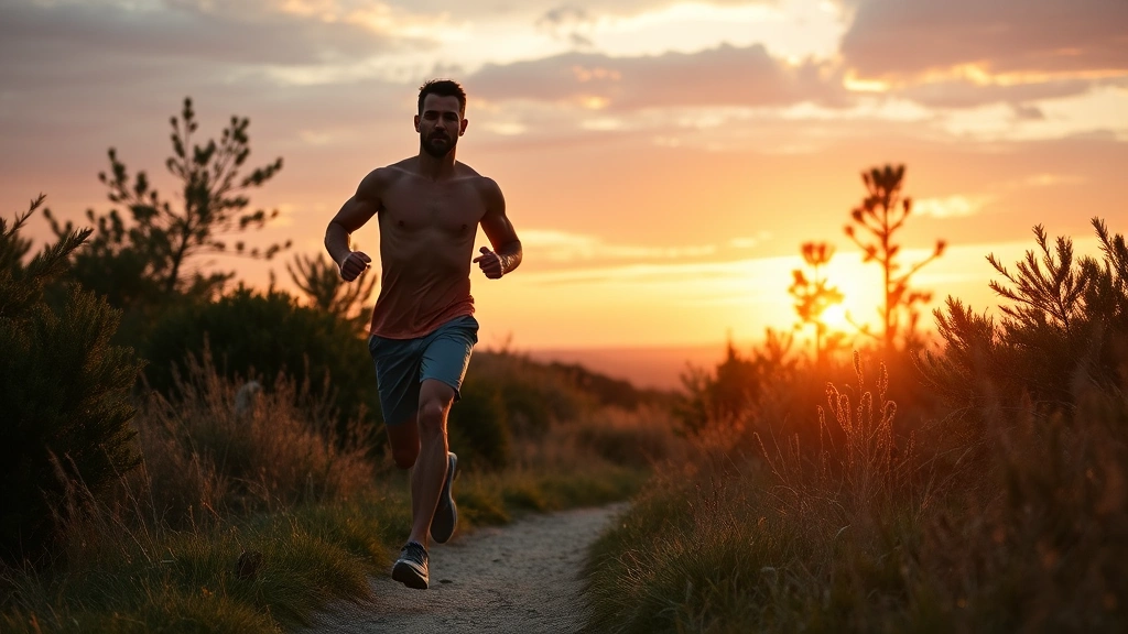 Fit man doing cardiovascular exercise outdoors, sunset lighting, jogging on trail, healthy physique, energetic movement, natural background, photorealistic