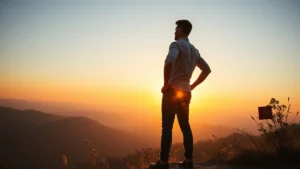 Person at sunrise looking determined, standing on mountain overlook, hands on hips, confident posture, golden light, peaceful landscape background, embodying strength and purposeful mindset