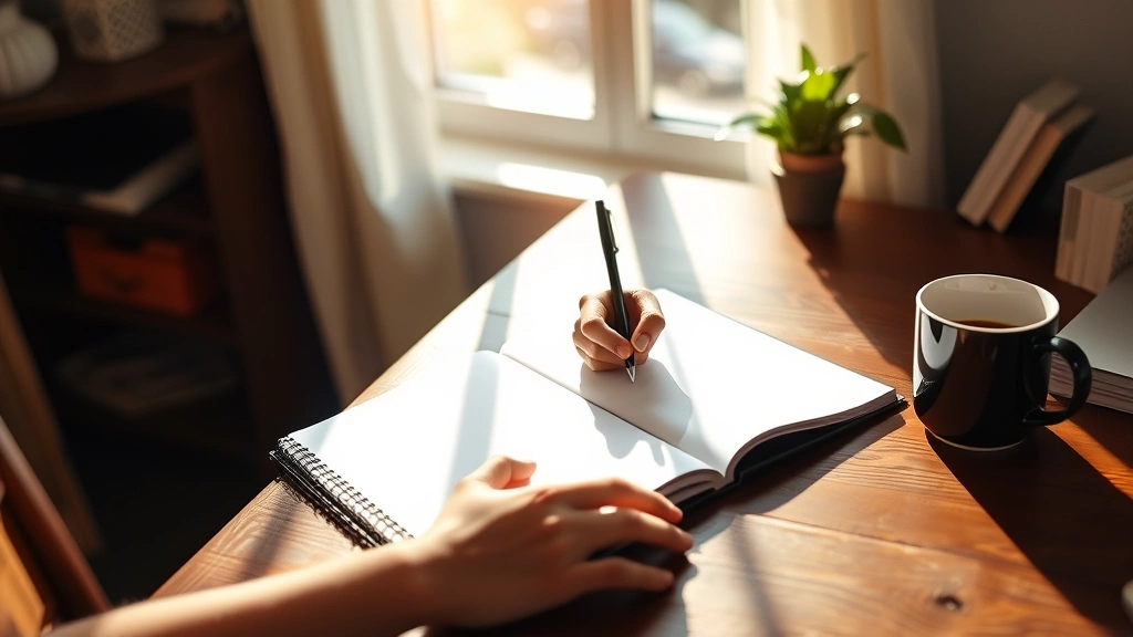 Individual writing in journal at wooden desk, morning sunlight streaming through window, coffee cup nearby, focused expression, calm organized workspace, representing goal-setting and daily discipline practice