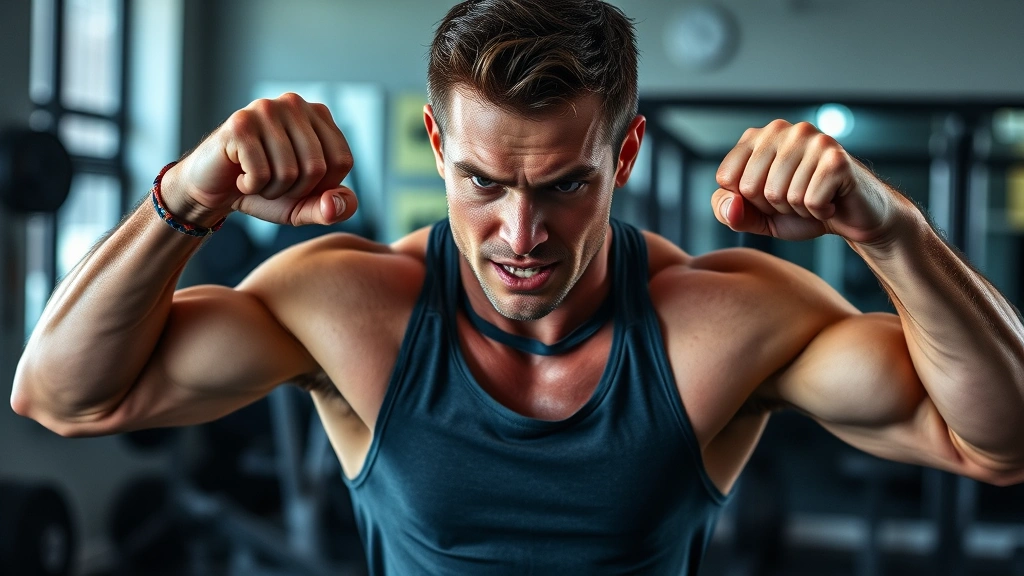 Person exercising in gym or home environment, mid-workout intensity, muscles engaged, sweat visible, determined facial expression, strong body language, representing commitment to daily habit formation