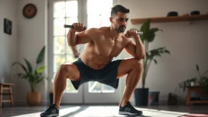 A person performing a deep squat exercise in a sunlit home gym with plants visible in background, showing muscular engagement and focused determination, athletic wear, peaceful concentrated expression