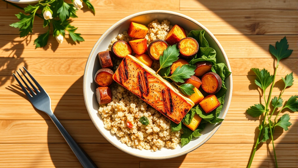 An overhead shot of a colorful meal bowl containing grilled salmon, quinoa, roasted vegetables, and leafy greens, natural sunlight highlighting fresh ingredients, minimalist wooden table setting