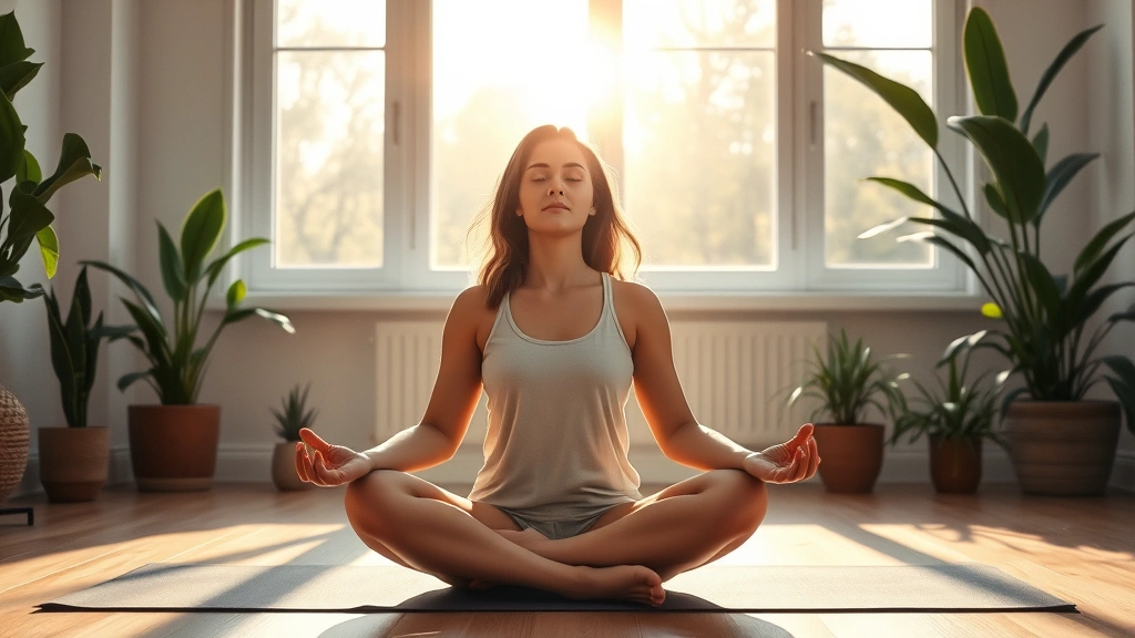 A woman meditating peacefully on a yoga mat during early morning sunlight streaming through windows, calm serene expression, plant-filled room creating natural wellness atmosphere