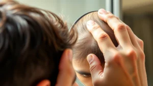 A person examining their scalp in a mirror with focused determination, showing close-up of healthy hair follicles and scalp, natural lighting highlighting hair texture and growth