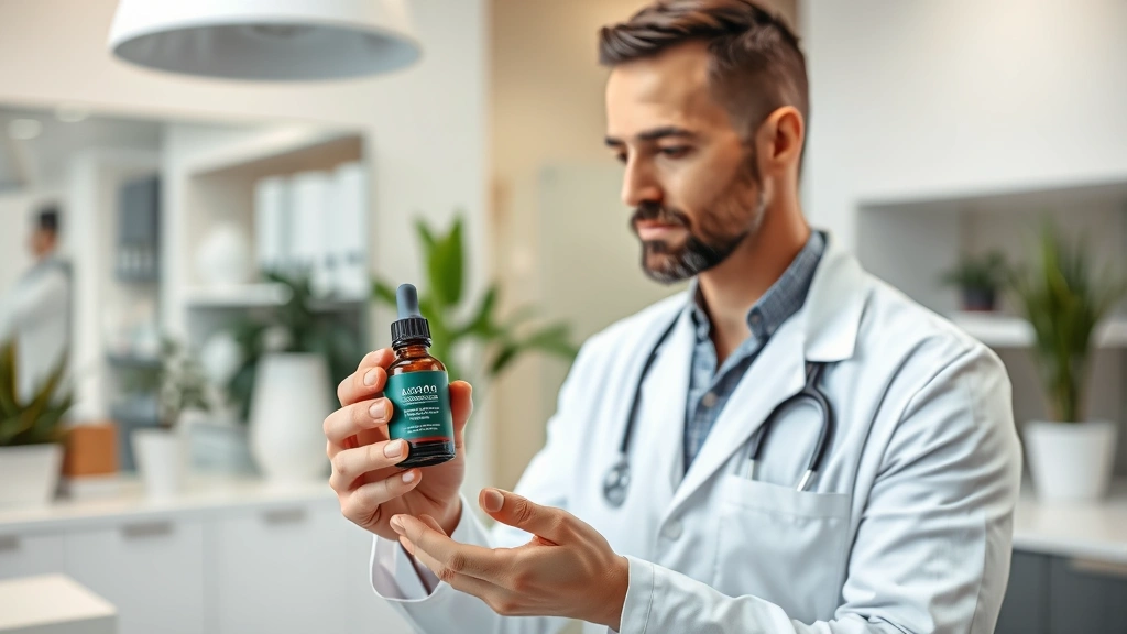A dermatologist in professional setting holding a peptide serum bottle, examining scalp treatment options, modern medical clinic environment with soft professional lighting