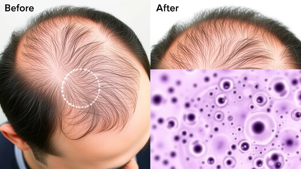 Before and after scalp progression showing hair density improvement, healthy follicles at different growth stages, close-up microscopic view of hair growth cycles and follicle health