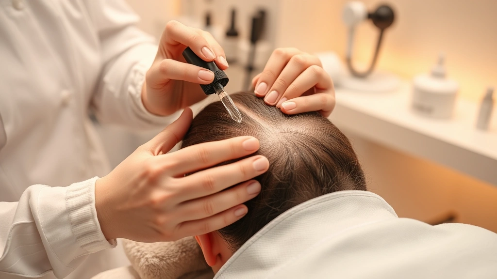 Person receiving scalp treatment in modern dermatology clinic, professional hands applying peptide serum to scalp, clinical setting with warm lighting, focused on scalp health and hair follicles